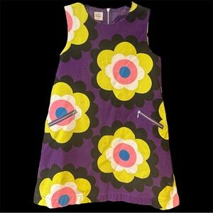 Mini Boden Girls 9–10Y Retro Floral Dress Purple Yellow Mod A-Line Zip Pockets
